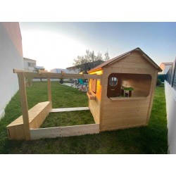 Maison de jardin pour enfant avec pergola + bac à sable + coffre à jouets version brute
