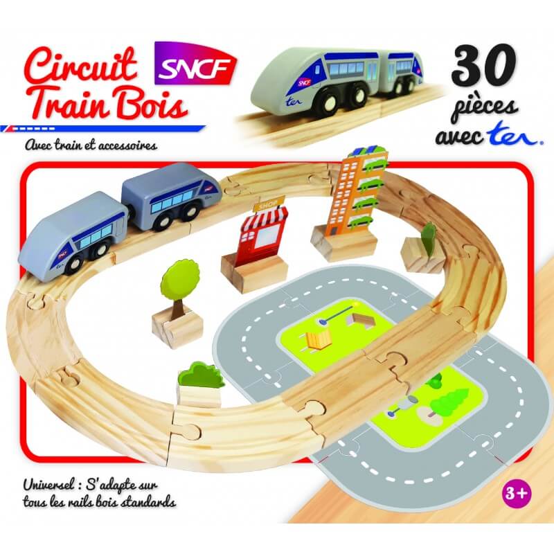 Circuit de train 30 pièces en bois floqué SNCF - Couleur Garden