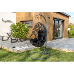 Balancelle de jardin SAMOA en résine tressée avec coussin noir - GRIS ANTHRACITE