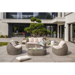 Salon bas de jardin ISA 5 places en résine tressée demi-ronde luxe - GRIS
