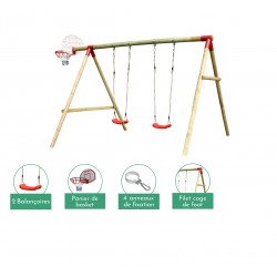Portique balançoire en bois avec panier de basket et cage de foot