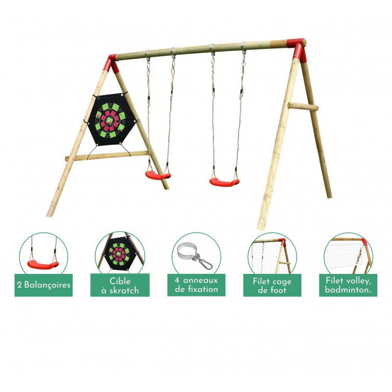 Portique balançoire en bois avec cible, cage de foot, filet de badminton ou de volley