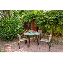 Table de jardin ronde en acier traité noir et plateau teck naturel - COCOS