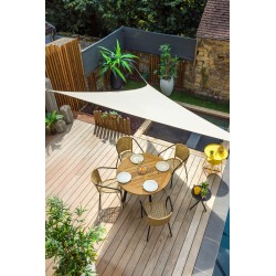 Table de jardin ronde en acier traité noir et plateau teck naturel - COCOS