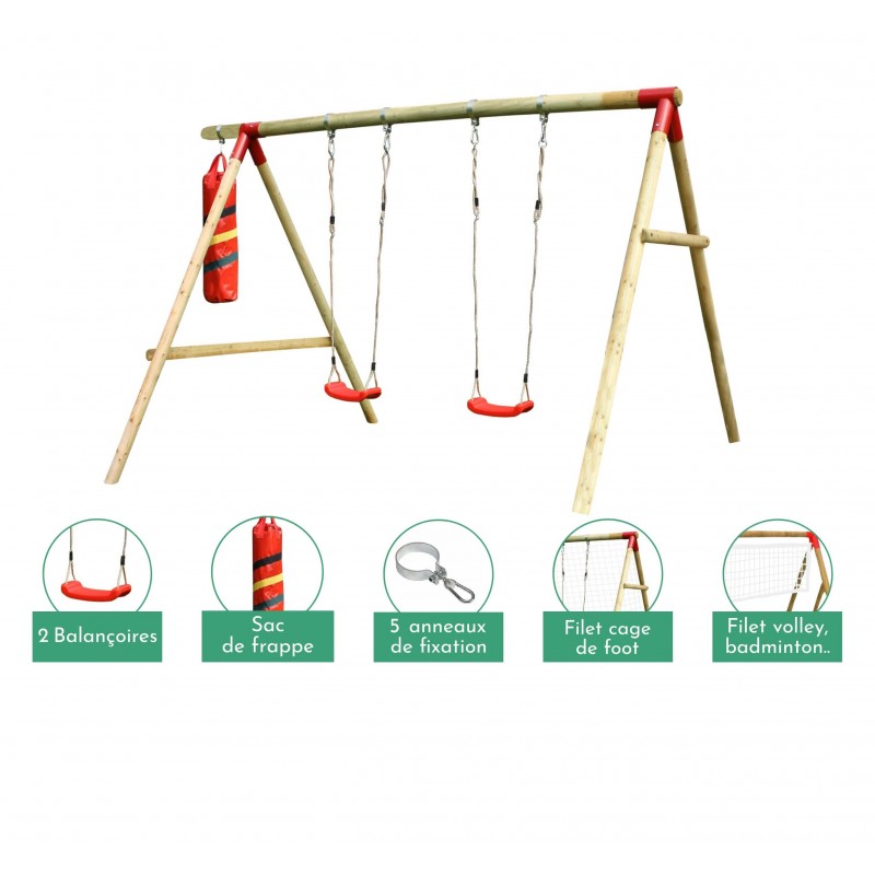 Portique balançoire en bois avec sac de frappe, cage de foot, filet de badminton ou de volley