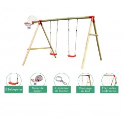 Portique balançoire en bois avec panier de basket, cage de foot, filet de badminton ou de volley