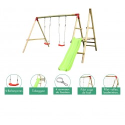 Portique balançoire bois autoclave 5 en 1 avec toboggan, cage de foot et filet de volley ou badminton : 5 agrès inclus
