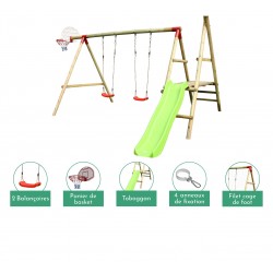 Portique balançoire en bois avec toboggan, cage de foot et panier de basket
