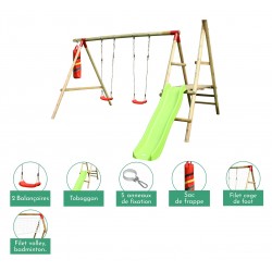 Portique balançoire en bois avec sac de frappe, toboggan, filet de tennis, cage de foot