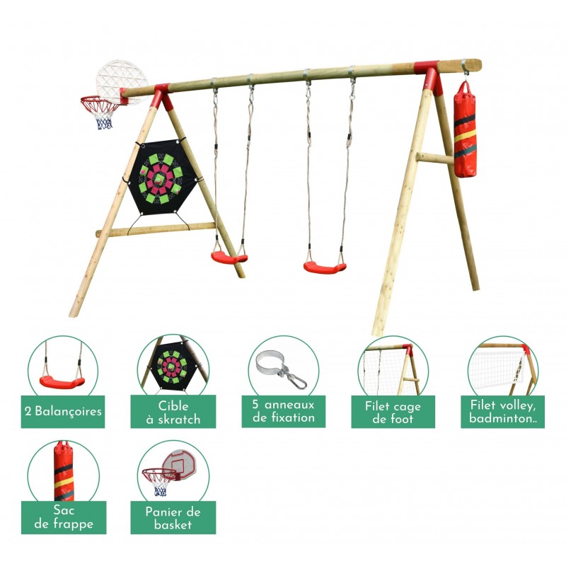 Portique balançoire en bois avec cible, panier de basket, filet de tennis, cage de foot, sac de frappe