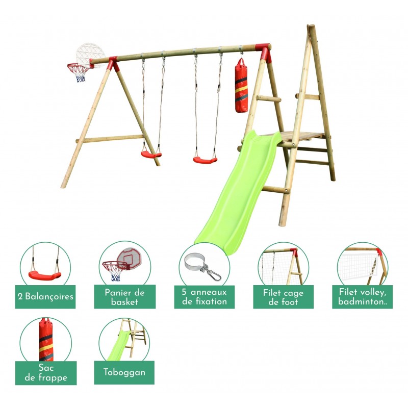 Portique balançoire en bois avec panier de basket, toboggan, filet de tennis, cage de foot, sac de frappe