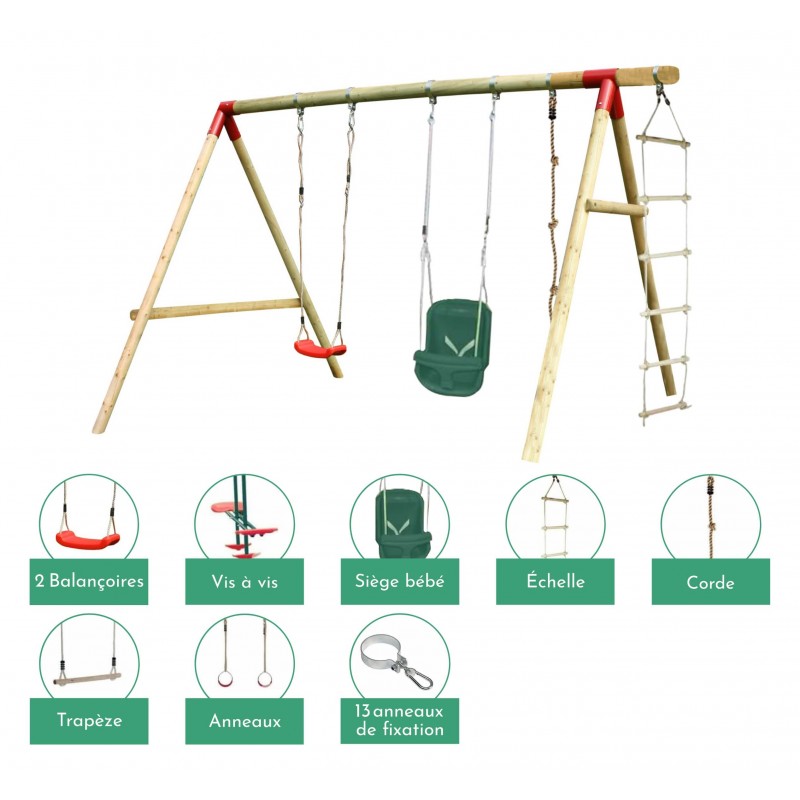 Portique balançoire en bois avec vis-à-vis, siège bébé, corde, échelle, anneaux et trapèze