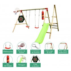 Portique balançoire en bois avec panier de basket, toboggan, filet de tennis, cage de foot, sac de frappe et cible
