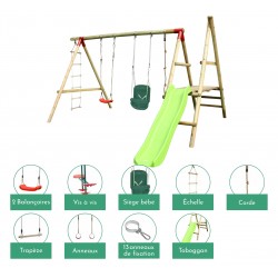 Portique balançoire en bois avec vis-a-vis, siège bébé, échelle, corde, trapèze, anneaux, toboggan