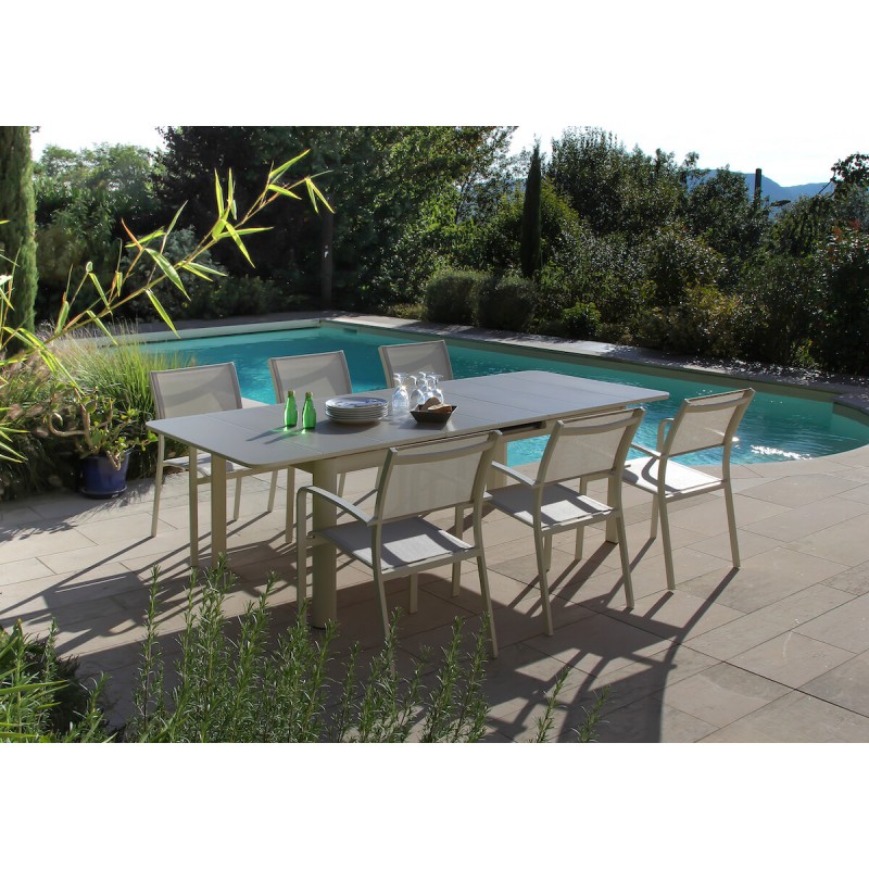 Table rectangulaire extensible 8/10 personnes. Plateau verre texturé beige anti-rayures - MILOS