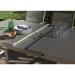 Table rectangulaire extensible 8/10 personnes. Plateau verre texturé beige anti-rayures - MILOS